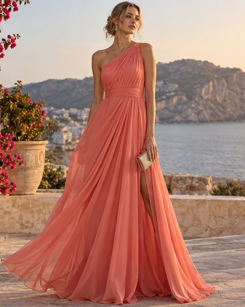 Ruby candlelight: Fluid one-shoulder