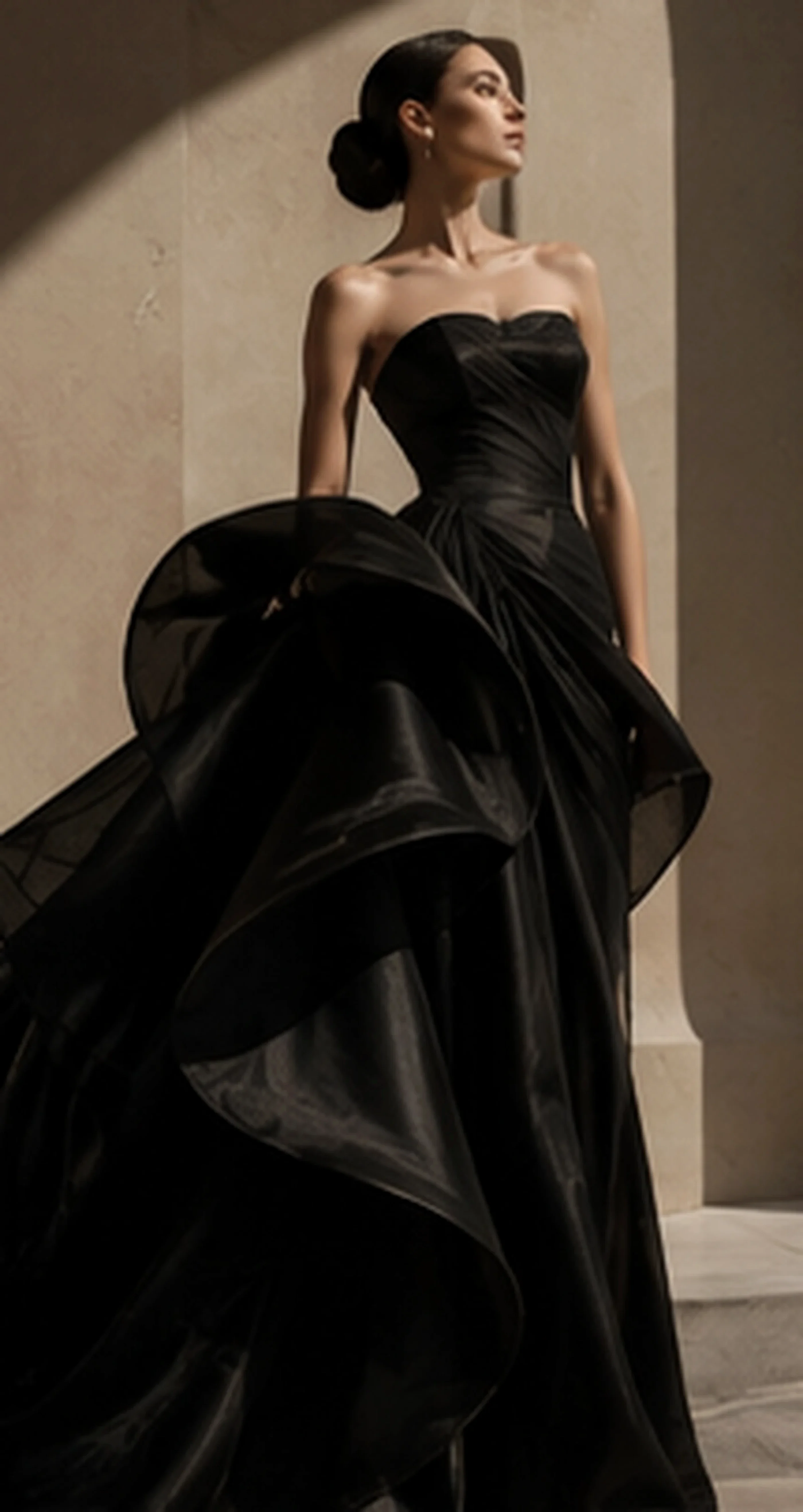 AI-generated sculptural black evening dress concept