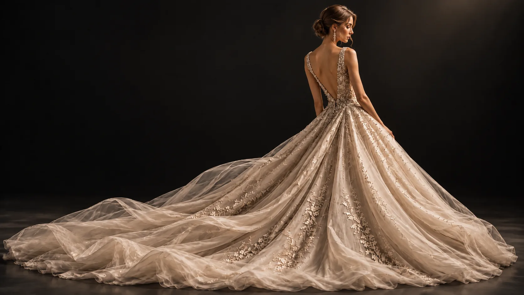 Couture gown with an embroidered train in the DORDO AI Studio