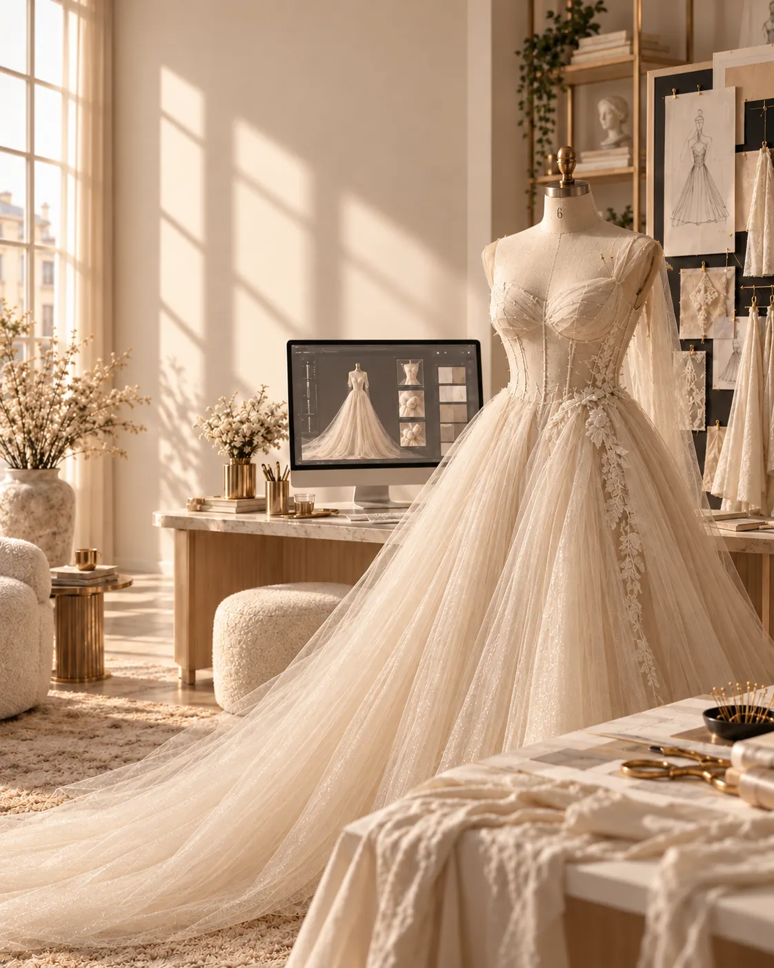 Sunlit couture studio with a dress form, sketches, fabric samples, and a digital gown concept