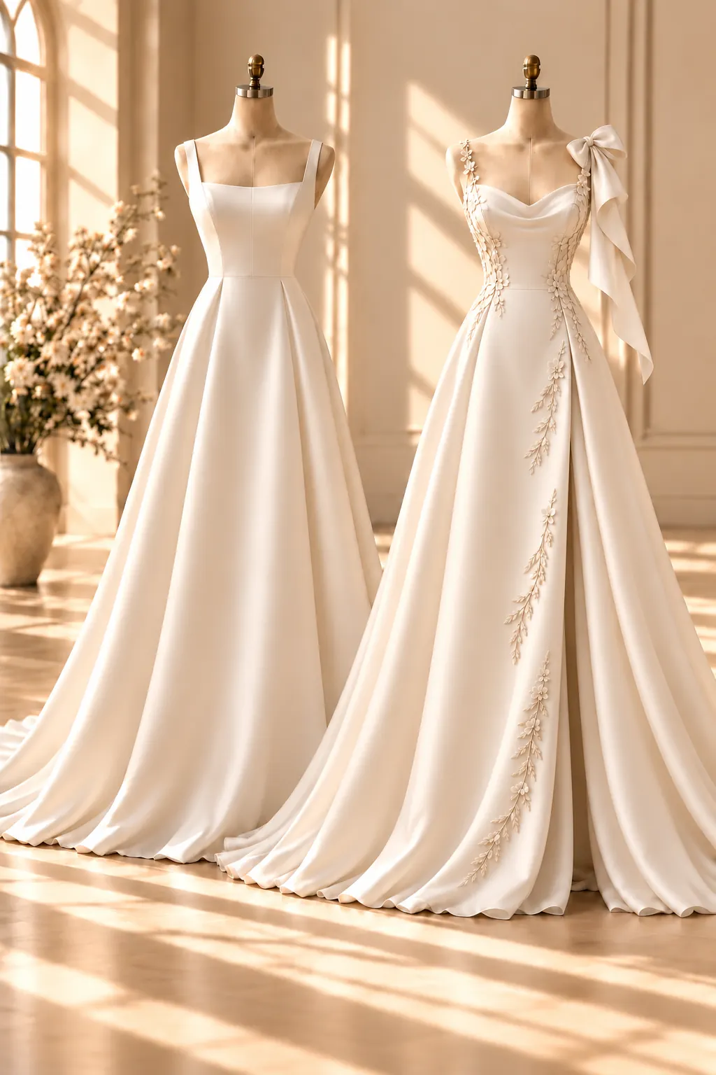 Two ivory dresses on atelier forms showing an original and elevated redesign direction
