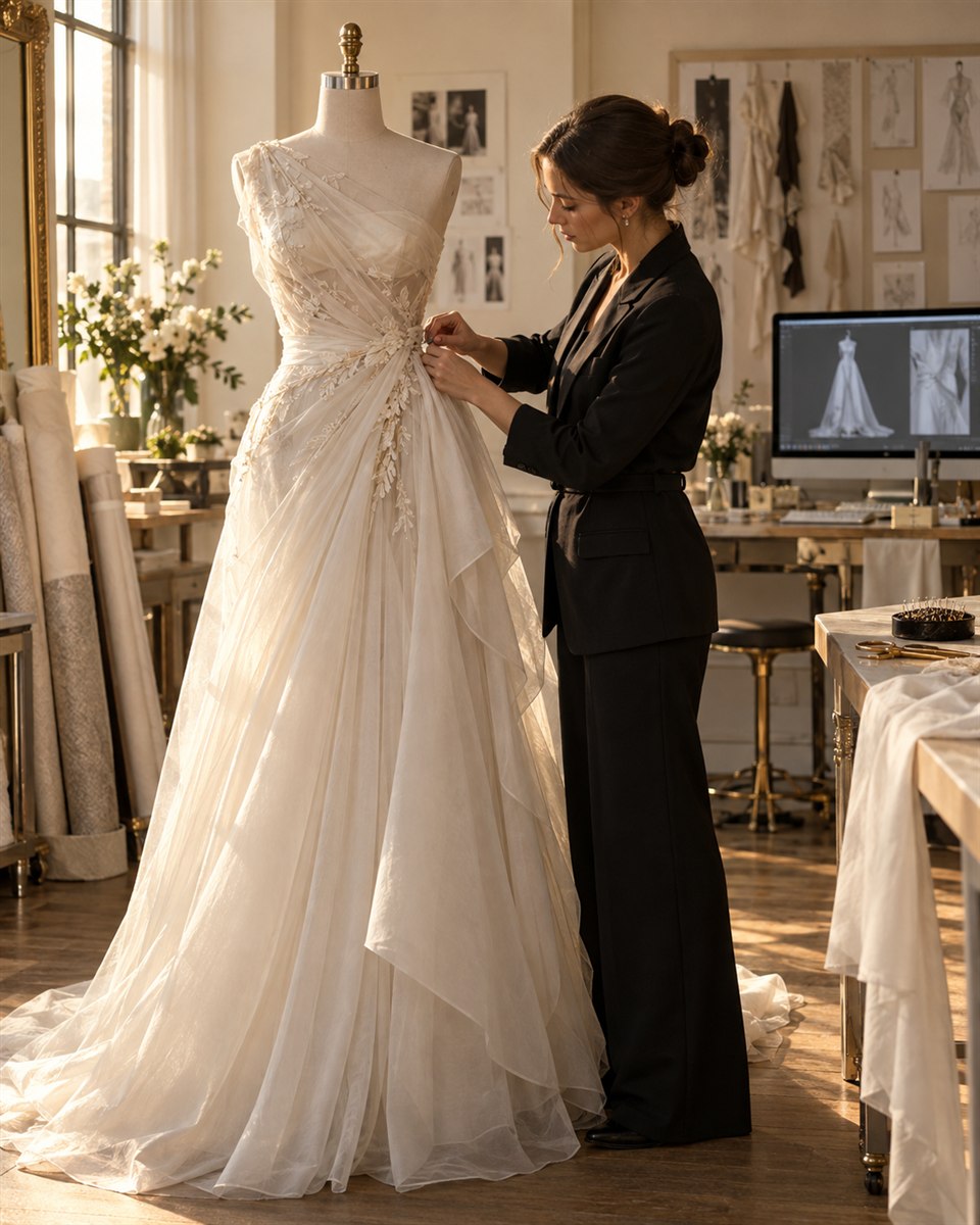 An atelier specialist refining an ivory gown on a dress form
