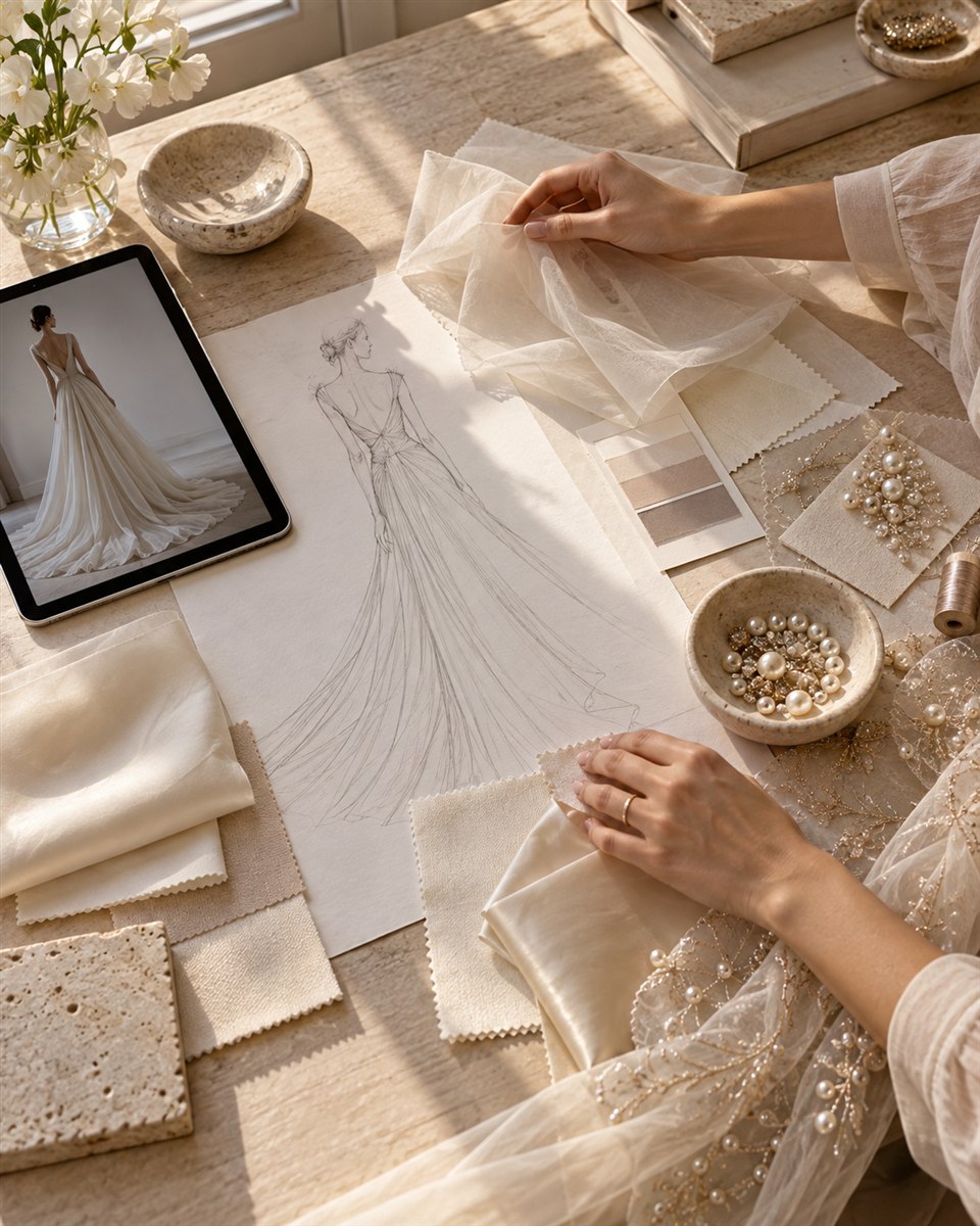 Dress sketches, ivory fabrics and embellishment references arranged by hand