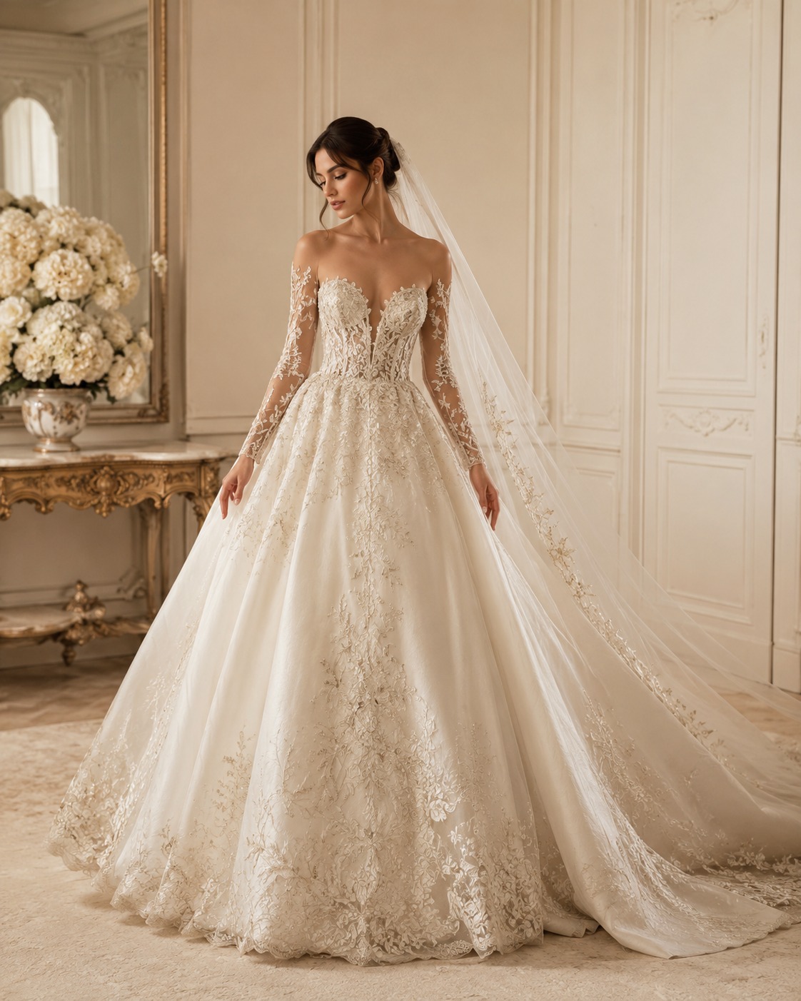 Close view of couture workmanship and refined dress details